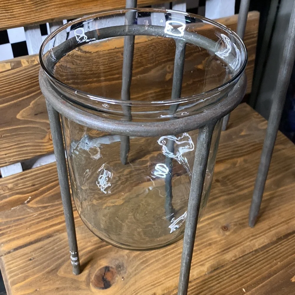 Pottery Barn Set of Two Rustic Metal Tripod Stands with Handblown Glass Vases - Picture 5 of 17